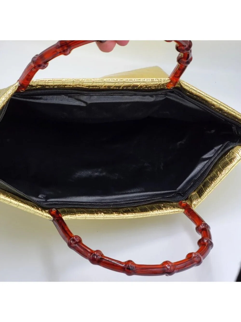 Vintage 80s 90s Mob Wife Gold Crocodile Handbag/Tote with Lucite Handles